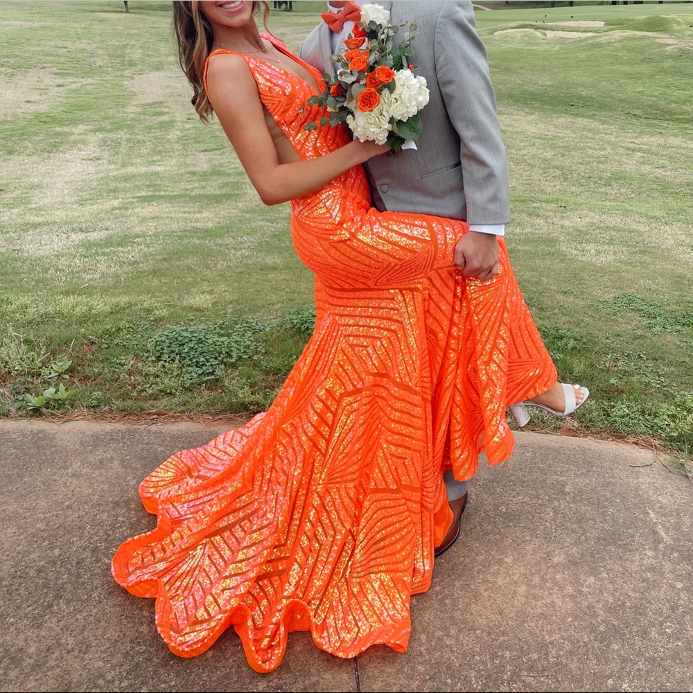 Vibrant Orange Sequin Evening Gown